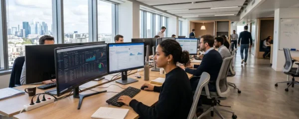 Vue large d'un bureau moderne avec plusieurs écrans affichant des tableaux de bord financiers dans une ambiance lumineuse et professionnelle
