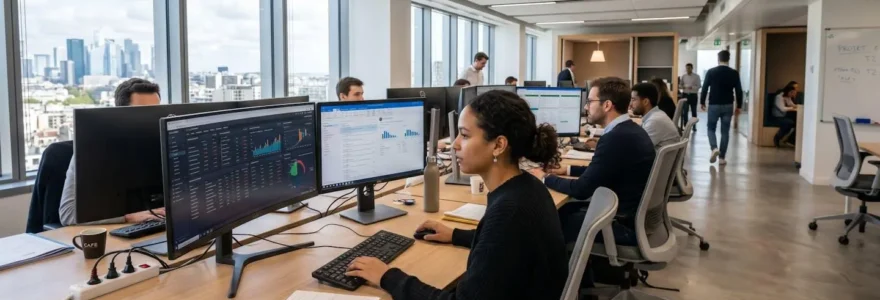 Vue large d'un bureau moderne avec plusieurs écrans affichant des tableaux de bord financiers dans une ambiance lumineuse et professionnelle