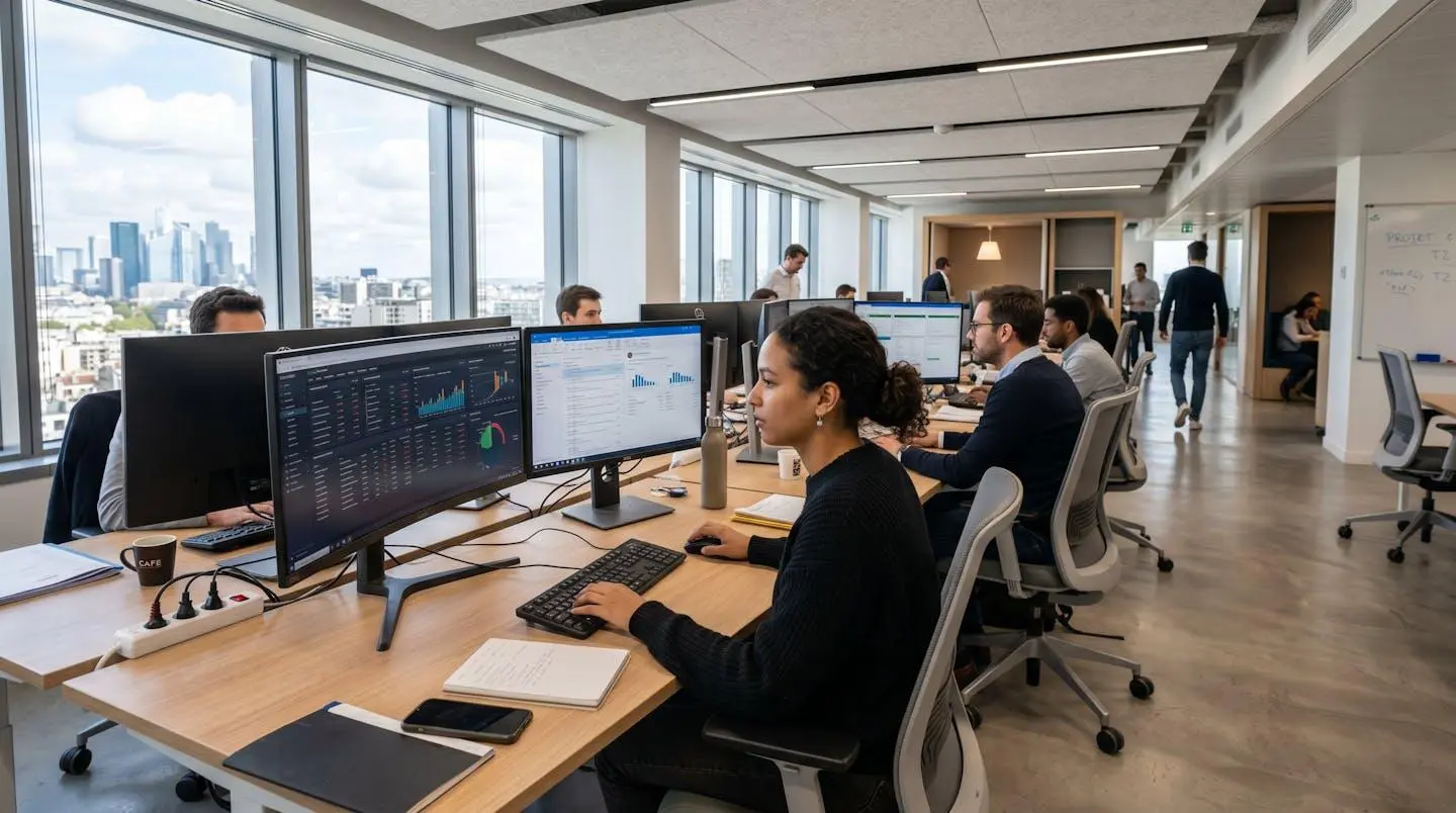 Vue large d'un bureau moderne avec plusieurs écrans affichant des tableaux de bord financiers dans une ambiance lumineuse et professionnelle