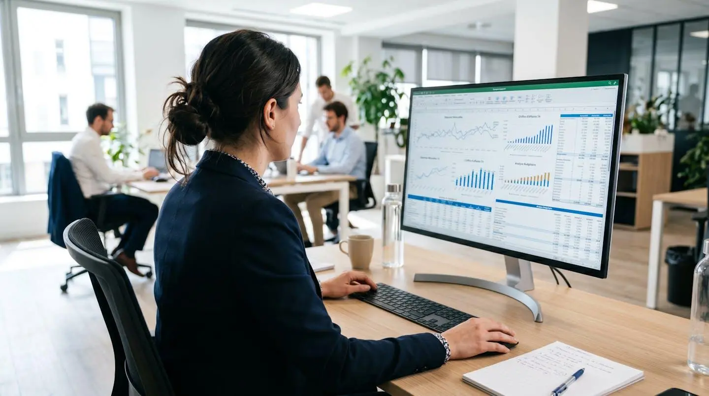 Professionnel vu de dos analysant des données financières sur un écran d'ordinateur dans un bureau contemporain